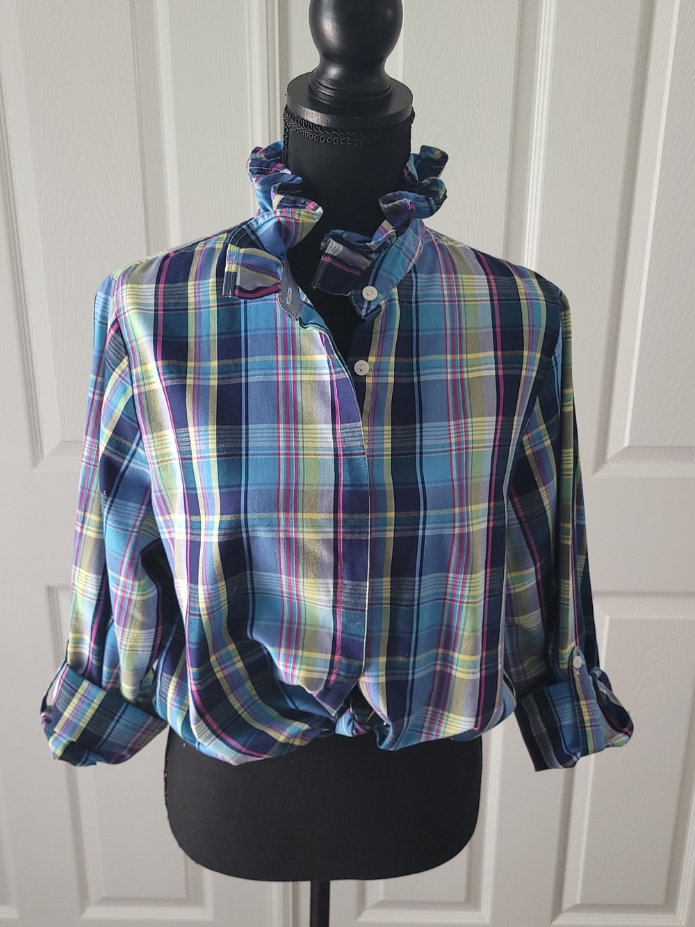 Plaid Ruffle Collar Button-Down Shirt - Blue Multi